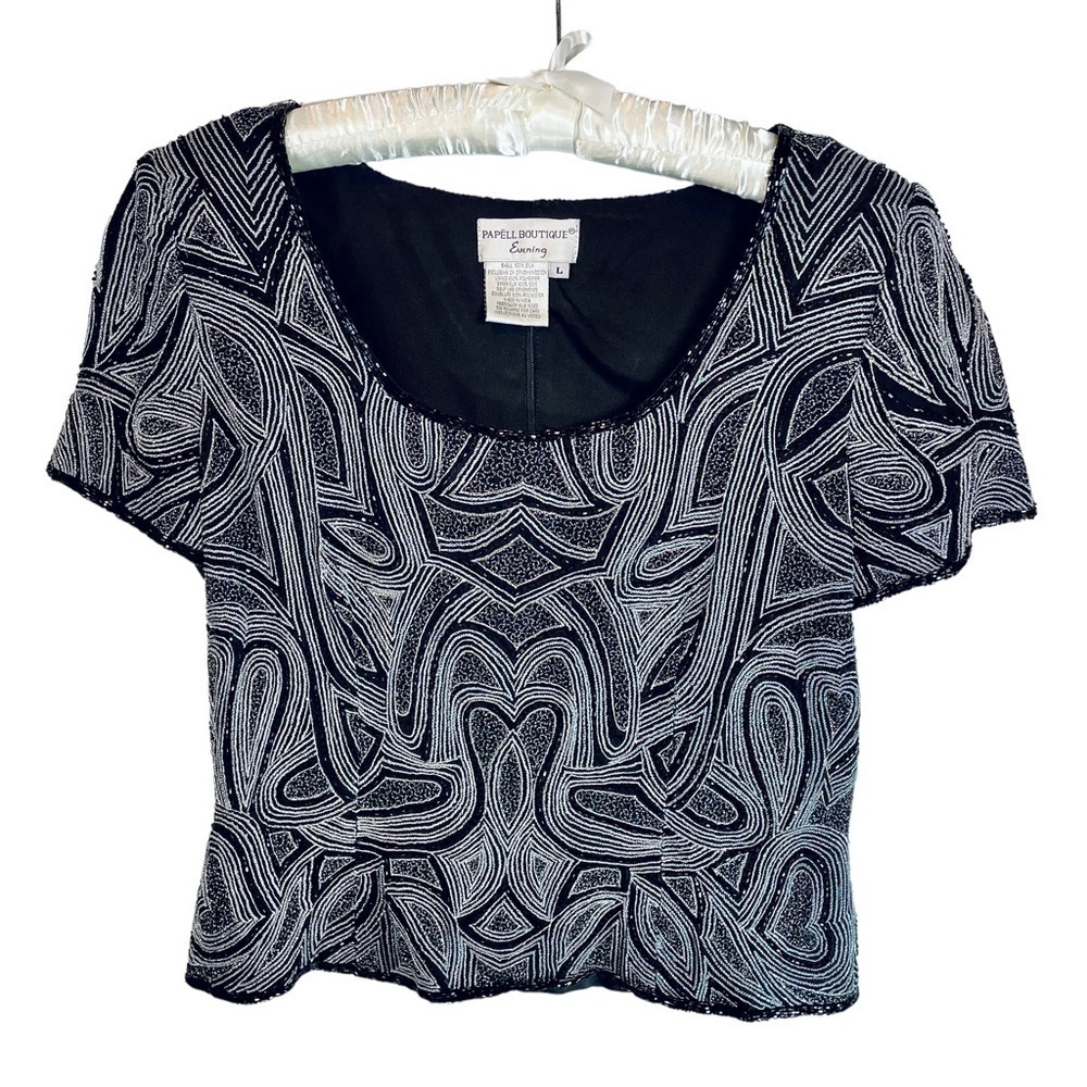 PAPELL Boutique Evening Formal Beaded Blouse Black Silver Cocktail Party